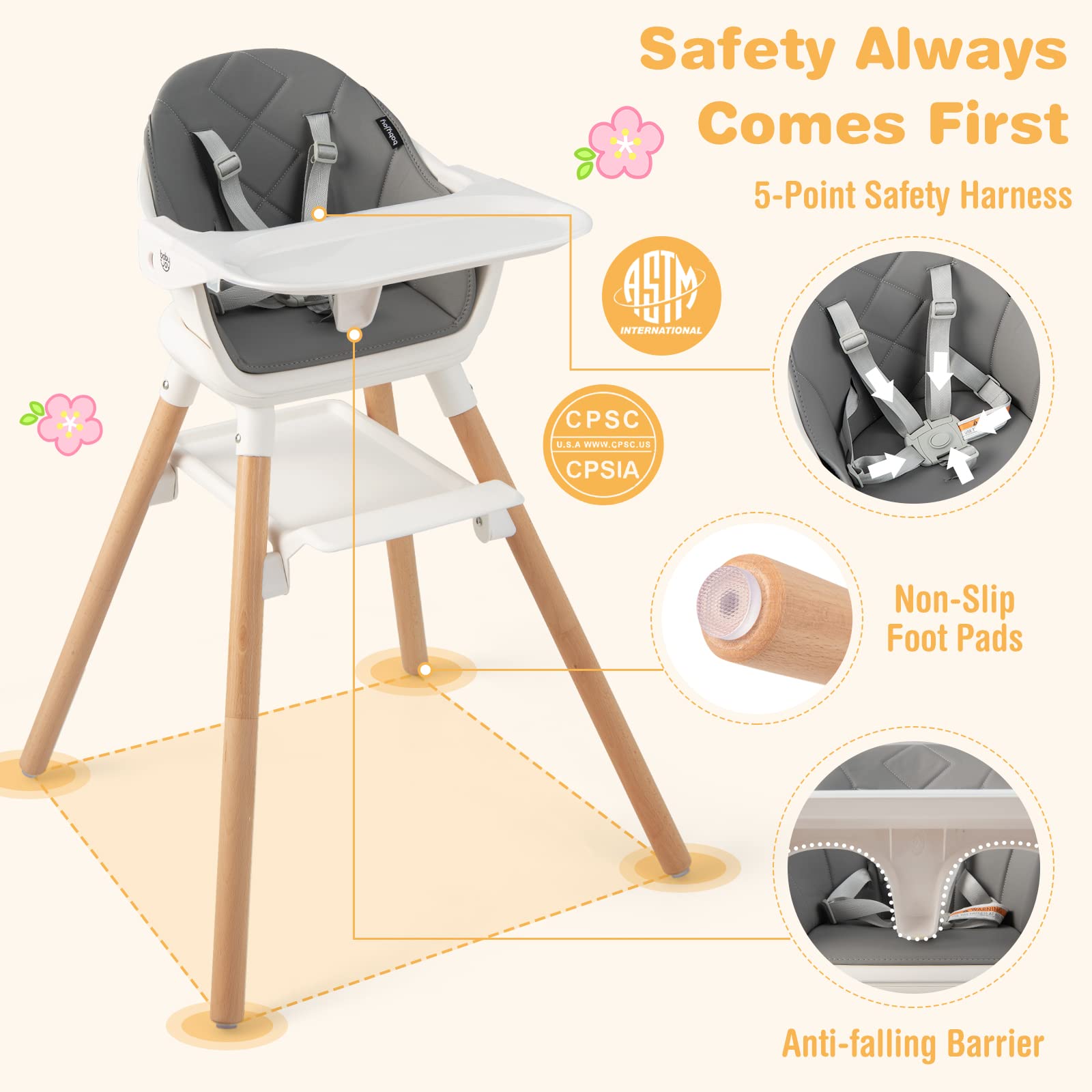 BABY JOY Baby High Chair, 6 in 1 Convertible Wooden High Chair for Babies & Toddlers with Adjustable Legs