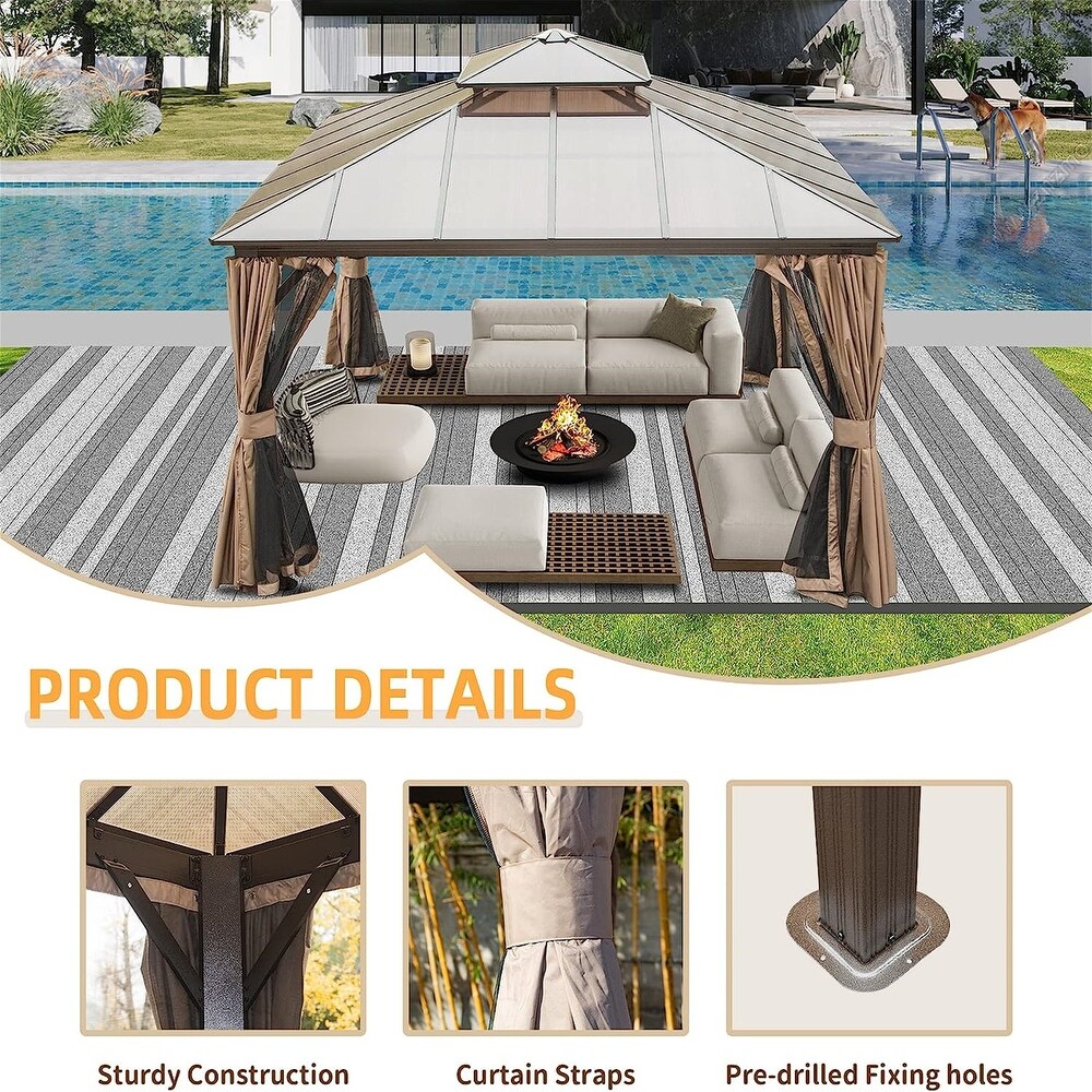 Brown 12 x 12 ft Hardtop Gazebo with Ventilated Polycarbonate Double Roof  Sturdy Aluminum Frame