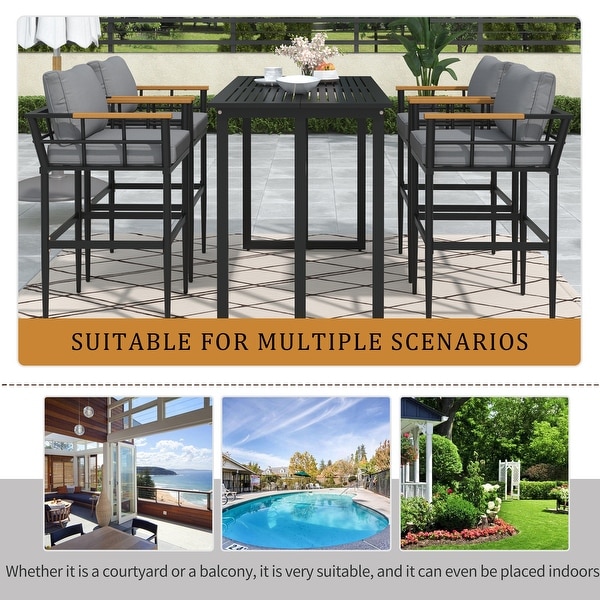 5Piece Patio Dining Table Set Outdoor Furniture with Large Table，Steel and Acacia Wood Ideal for Outdoor Spaces