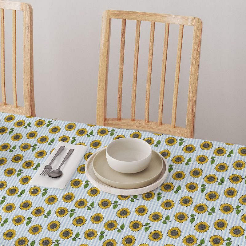 Square Tablecloth， 100% Cotton， 60x60， Blue Stripes and Sunflowers