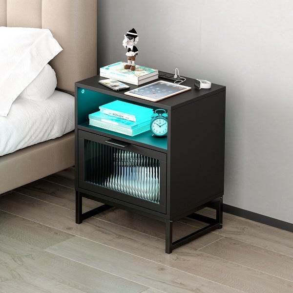 Nightstand with LED Lights Drawer， Black Bedside Table for Bedroom