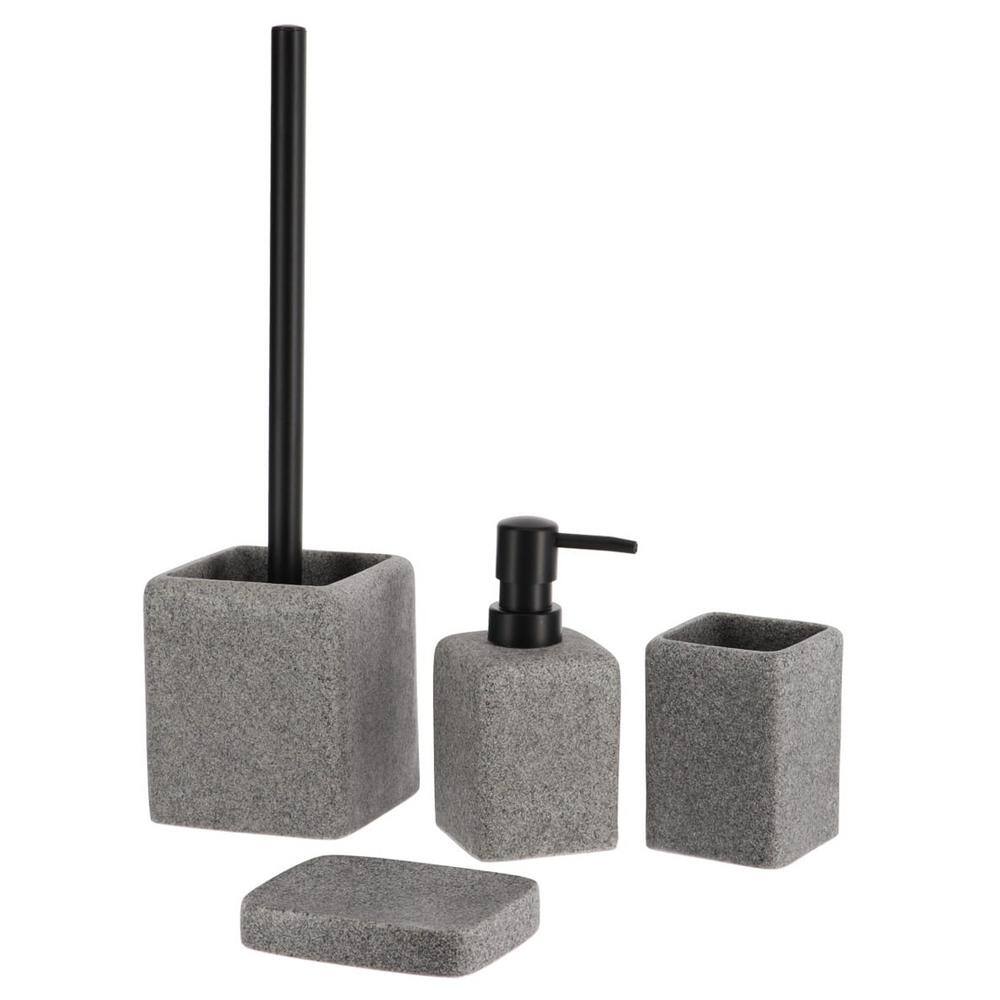 4-Pieces Bath Accessory Set with Soap Pump Tumbler Soap Dish and Toilet Brush Holder in Grey Granite Polyresin SET4GRANITE6194