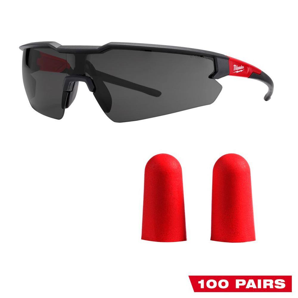 MW Tinted Safety Glasses Anti-Scratch Lenses and Red Disposable Earplugs (100-Pack) with 32 dB Noise Reduction Rating 48-73-2015-48-73-3005