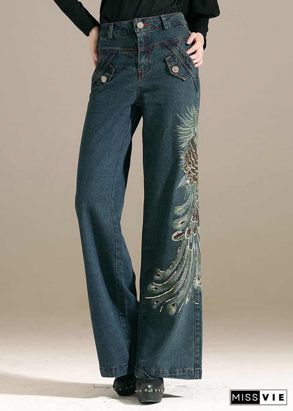 Chic Denim Blue Sequins Embroideried Pockets Cotton Wide Leg Pants Summer