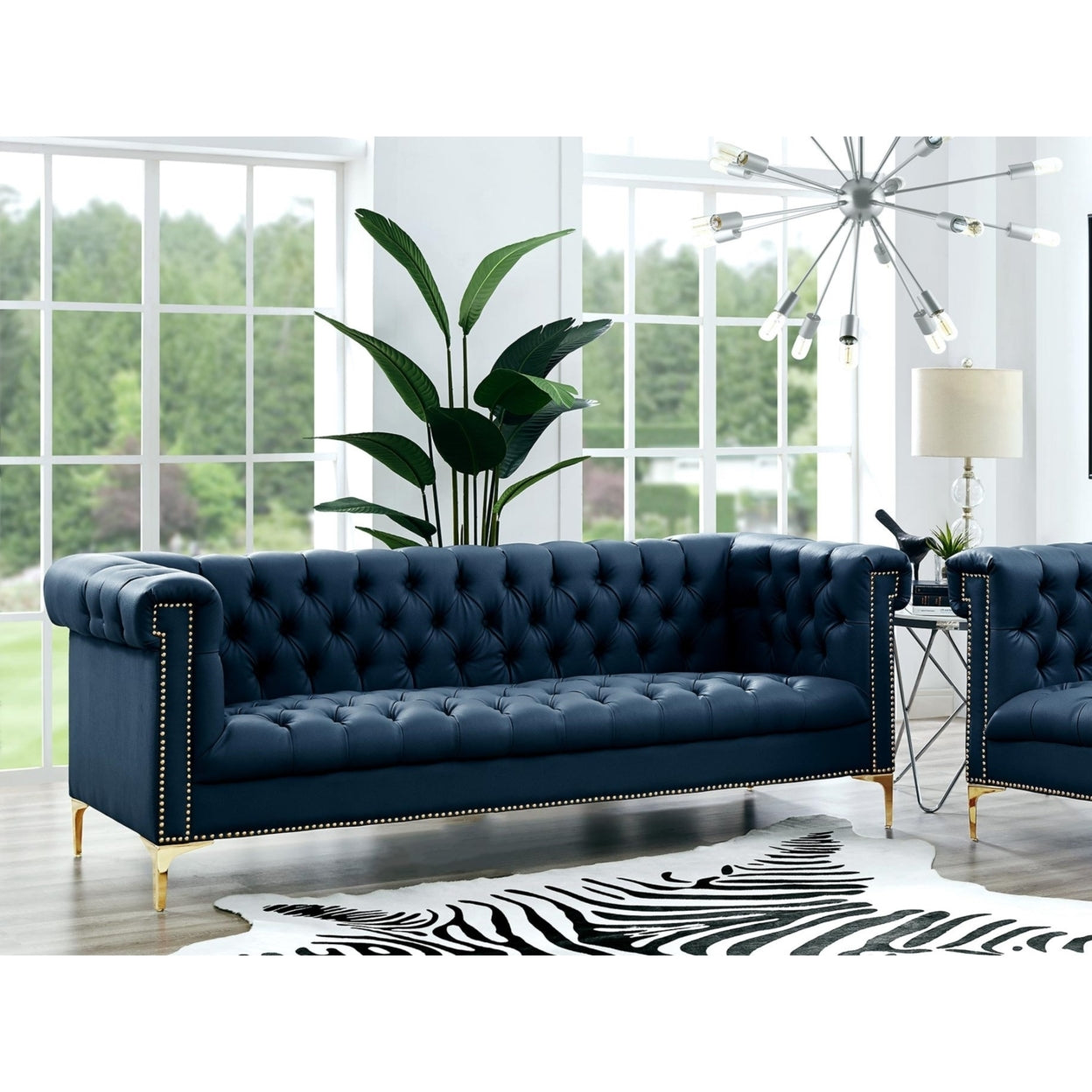 Steffi Leather Chesterfield Sofa-Silver Metal Legs-Button Tufted-Nailhead Trim-Modern-Livingroom-Inspired Home