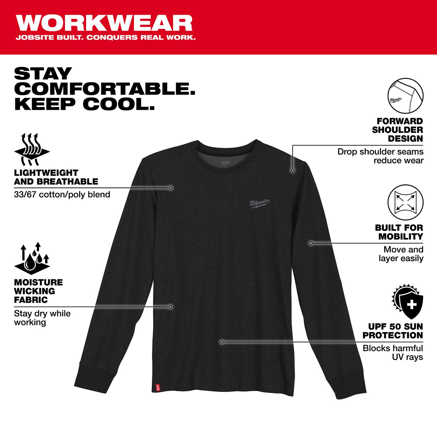 MW S Long Sleeve Men\u0027s Round Neck Black Hybrid Work Tee Shirt