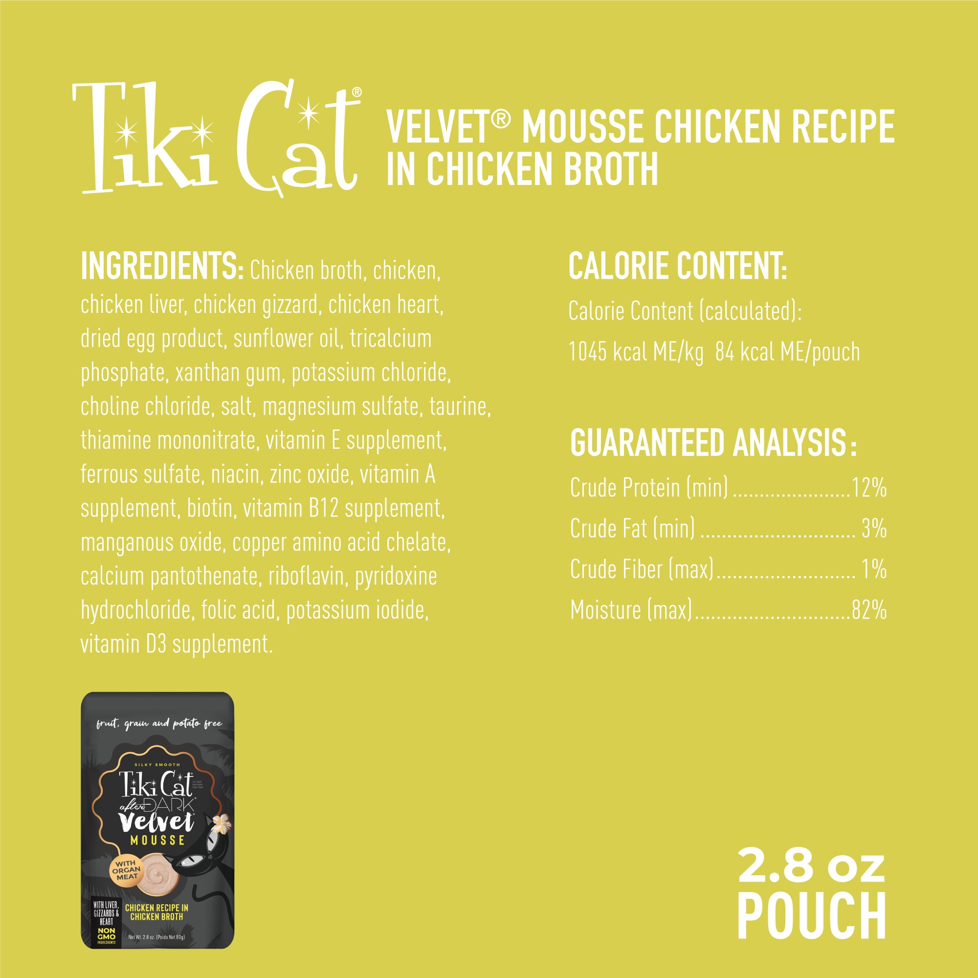 TIKI CAT After Dark Velvet Mousse Chicken Wet Food for Cats， 2.8 oz.， Case of 12