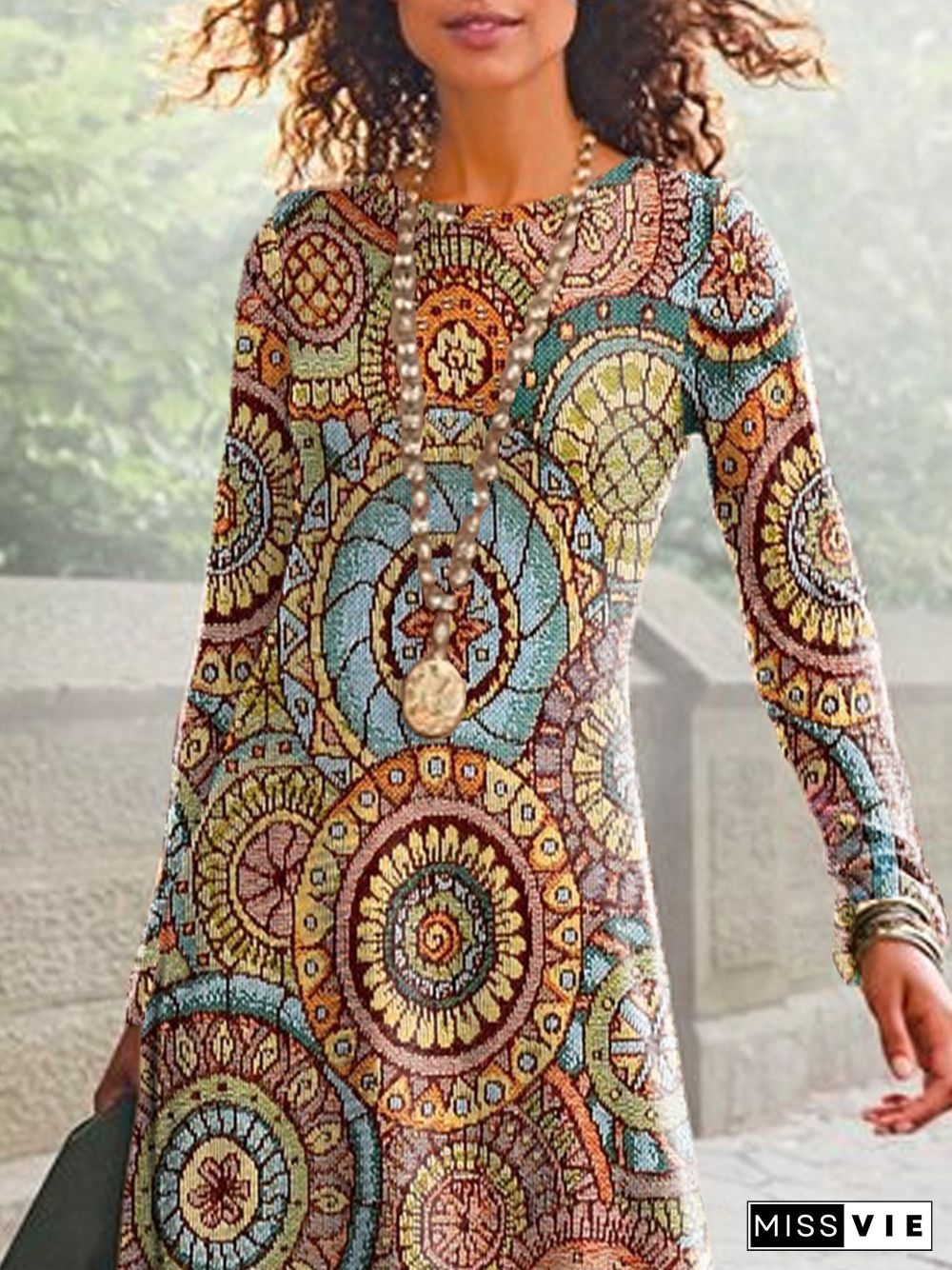 Ethnic Printed Long Sleeve Crew Neck Plus Size Casual Dresses