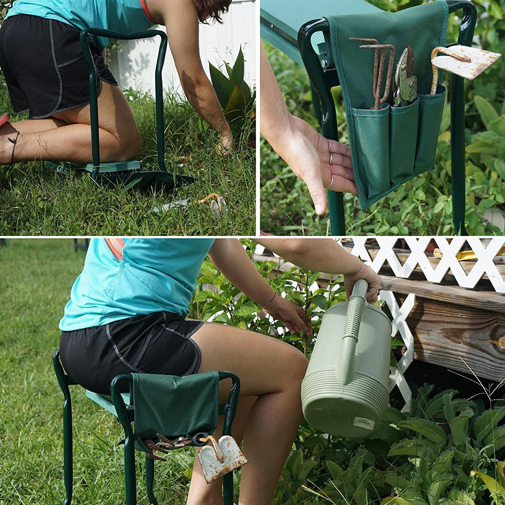 Garden Kneeler and Seat, Folding Garden Bench Stool Portable Garden Kneeler Sturdy Gardening Tools with 1 Tool Pouch, EVA Kneeling Pad