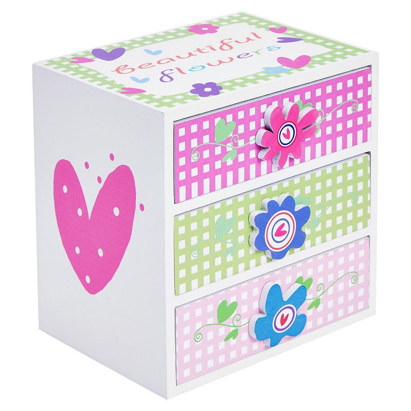 Small Floral Wood Jewelry Box for Girls with 3 Drawers (6 x 4.5 x 6 In)