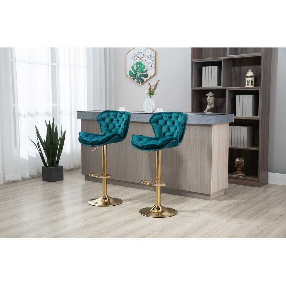 Modern Swivel Bar Stools  Set of 2  Adjustable Counter Height Velvet Upholstered Tufted Bar Stools with Back   Footrest