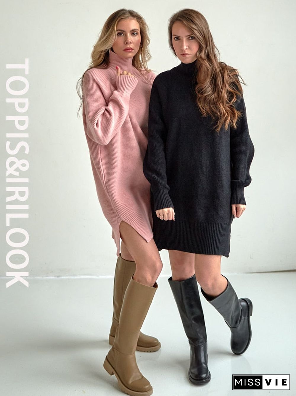 Toppies Autumn Winter Women Knitted Sweater Dress Long Sleeve Solid Sweater Loose Knitted Dress Female