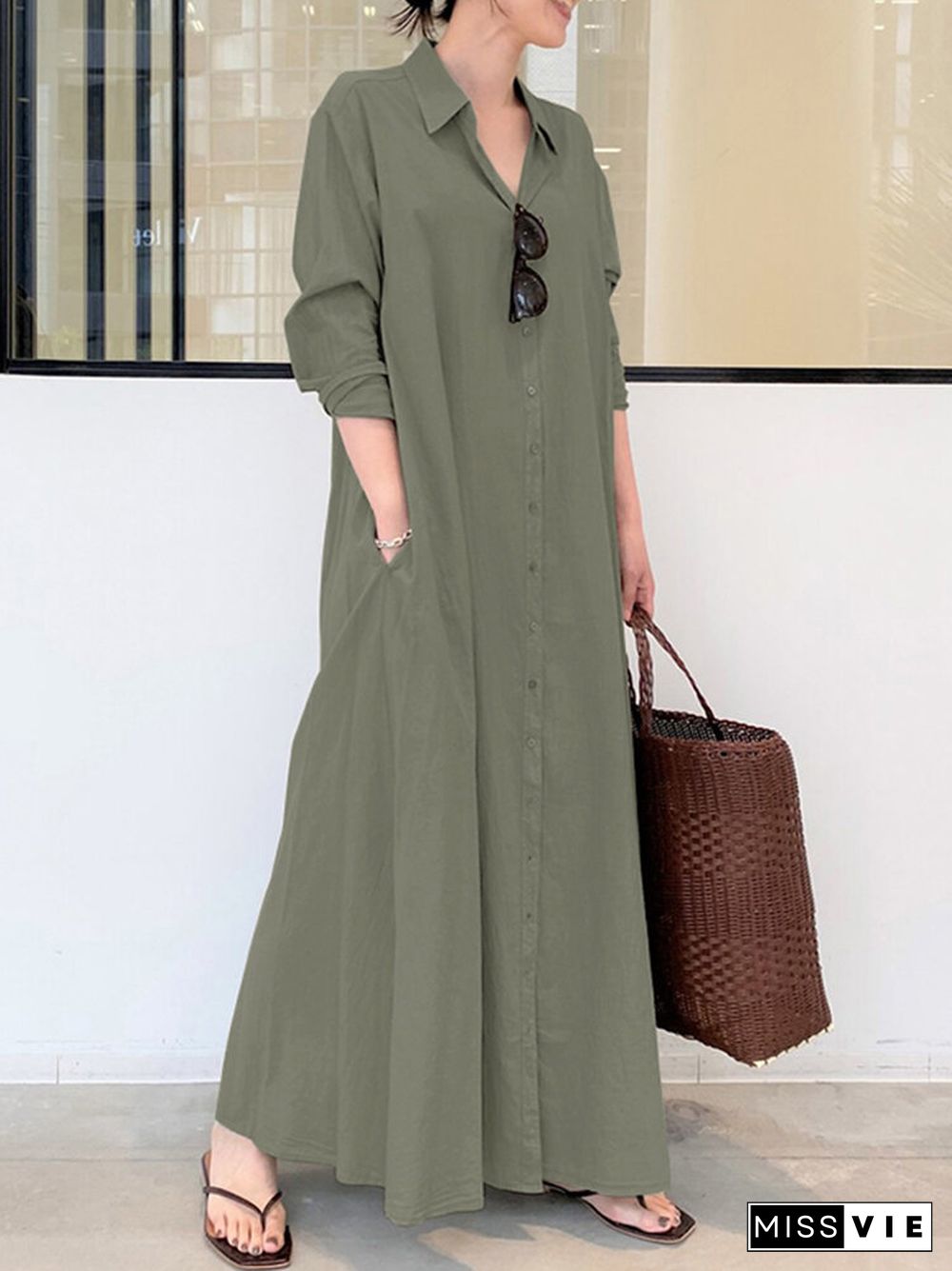 Solid Color Pocket Button Long SLeeve Casual Dress for Women