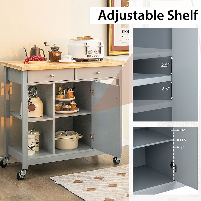 Mobile Kitchen Island Cart with 4 Open Shelves and 2 Drawers