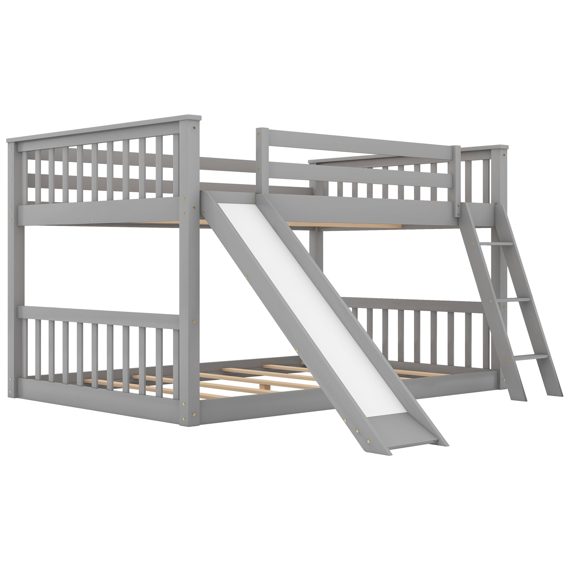 Euroco Full over Full Floor Bunk Bed with Slide and Ladder for Kids Bedroom, Gray