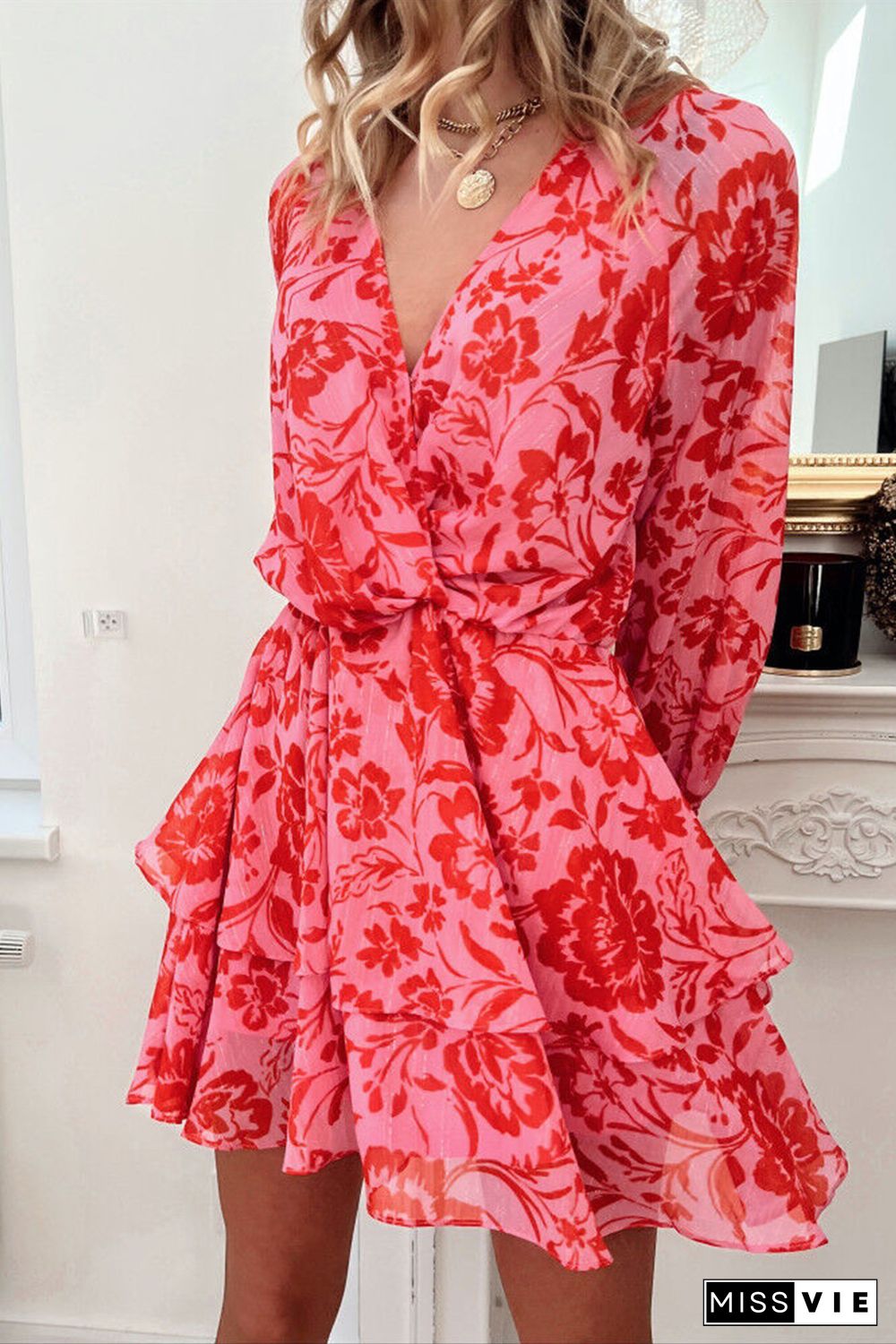 Red Floral Ruffle Layered Puff Sleeve Surplice Dress