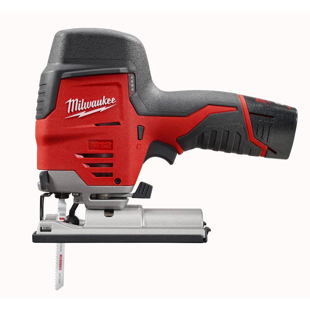 MW M12 12V Lithium-Ion Cordless Jig Saw and 38 in. Crown Stapler Combo Kit W (1) 2.0Ah Battery and Charger 2445-20-2447-20-48-59-2420