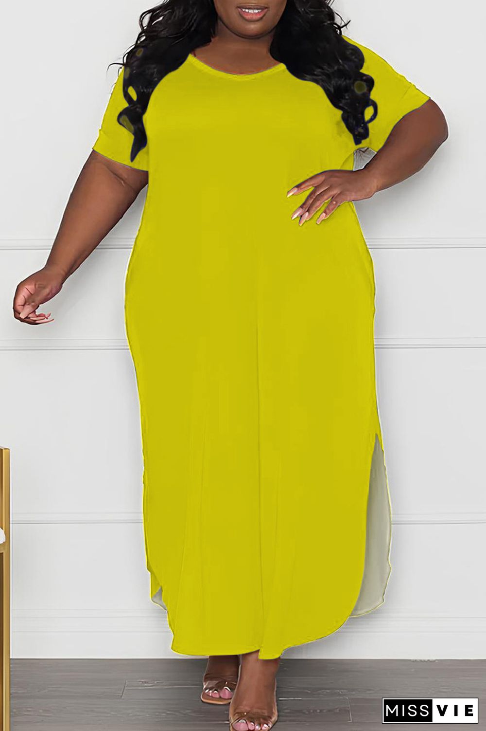 Casual Solid Slit O Neck Long Plus Size Dresses