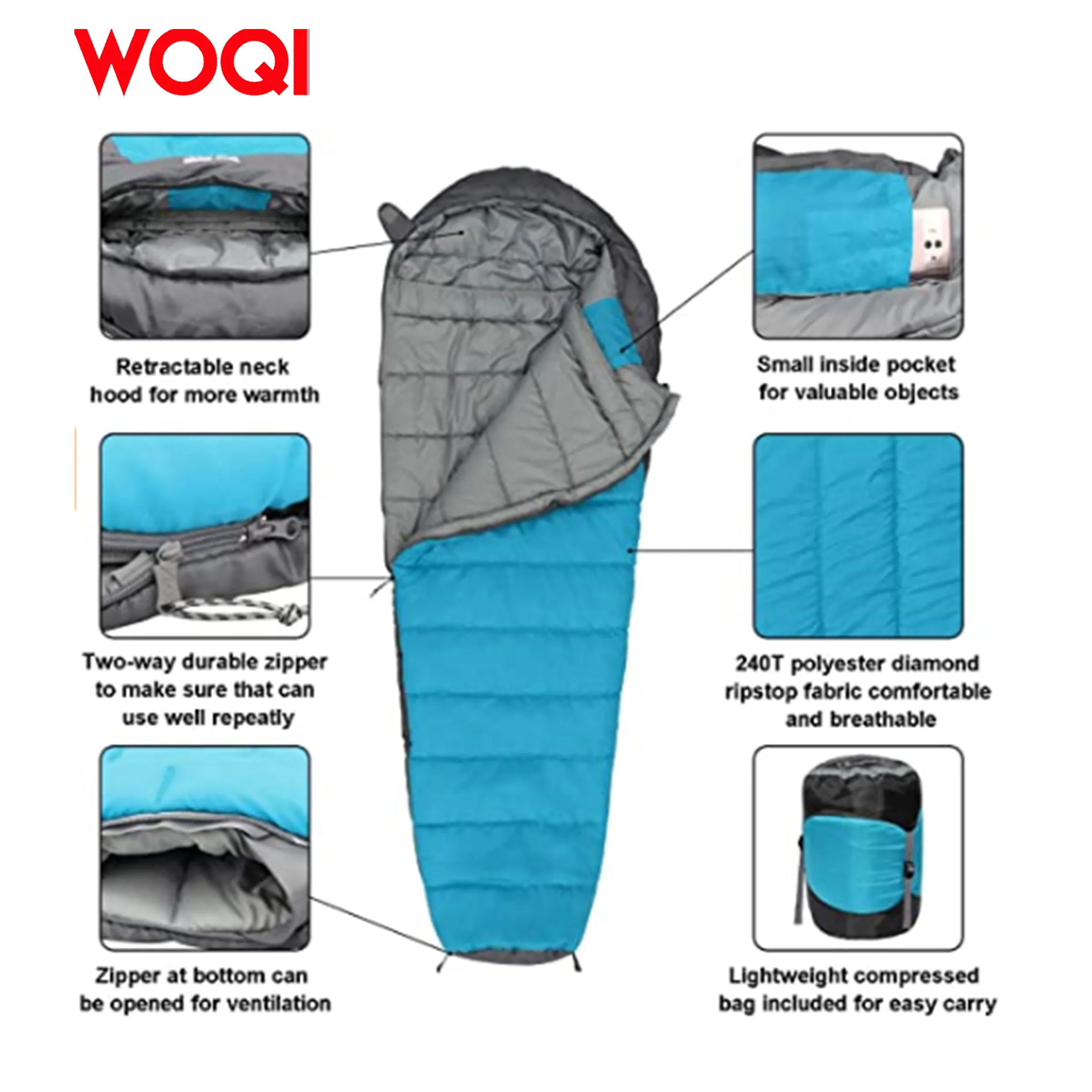 Woqi Winter camping Lightweight Sleep Bags Cotton Hollow 5 20 Degree sleeping bags for Kids Adults