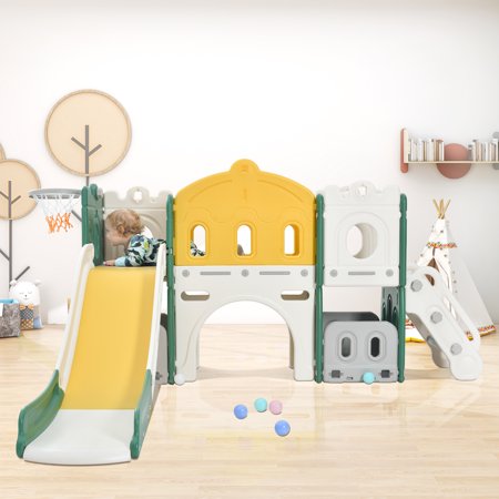 CHURANTY Kids Slide Playset Structure Indoor ， Castle Climber with Slide and Basketball Hoop，  Kids Climbers Playhouse for Outdoor Playground Activity，Toy Storage Organizer for Toddlers， Green
