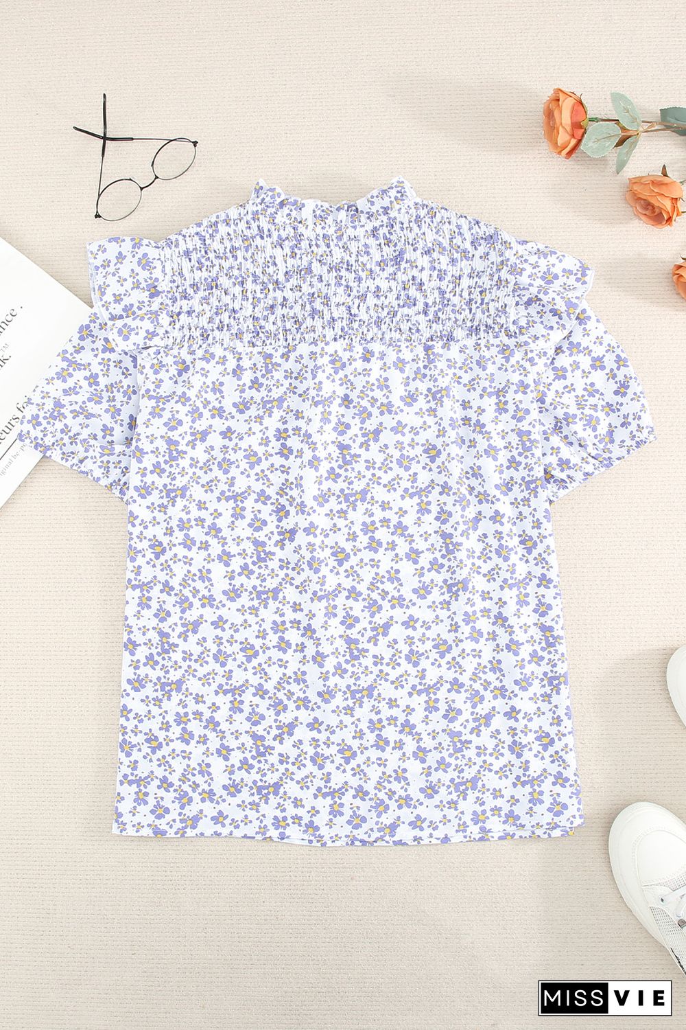 Purple Floral Print Smocked Ruffled V Neck T-shirt