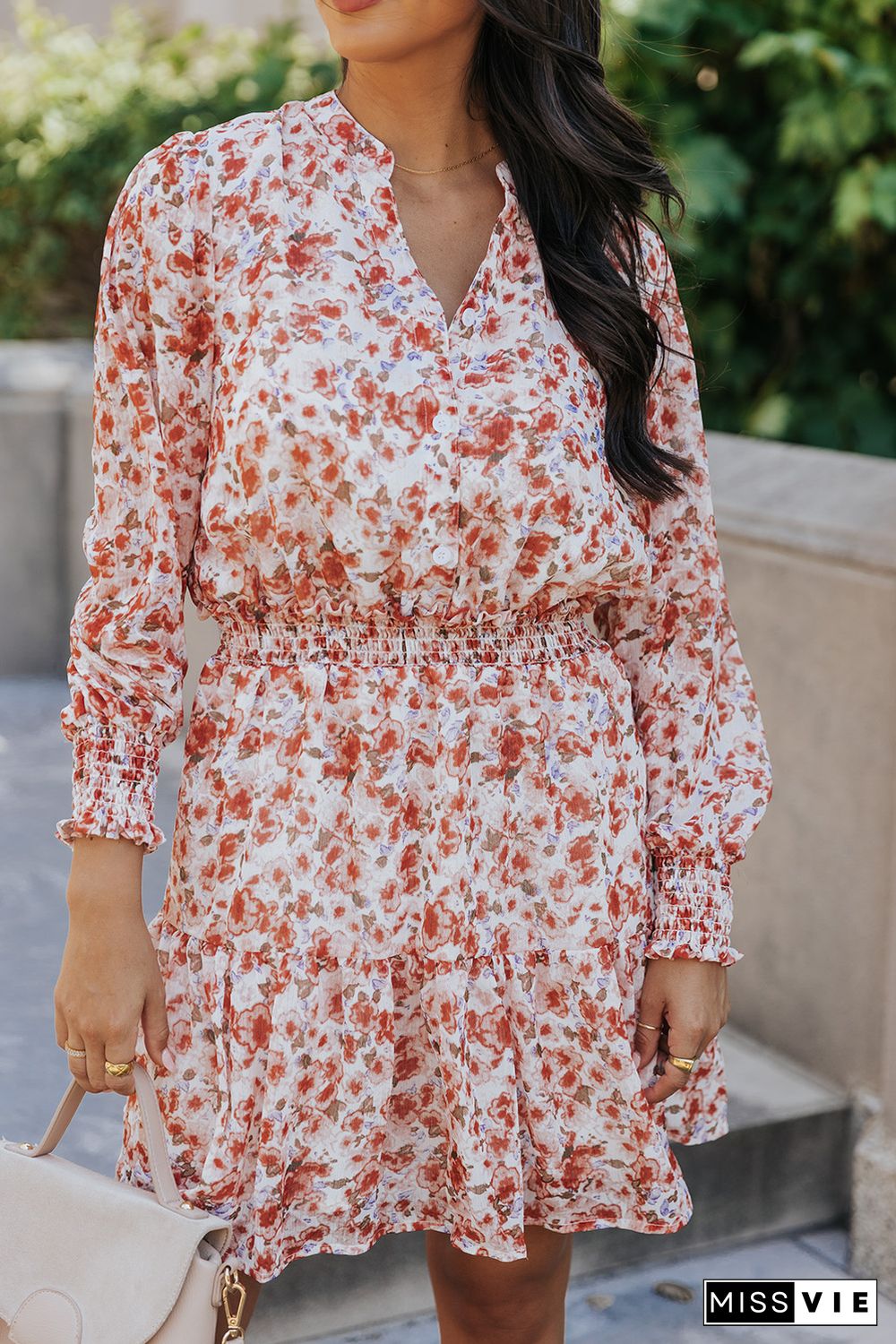 Red Shirred High Waist Floral Mini Dress