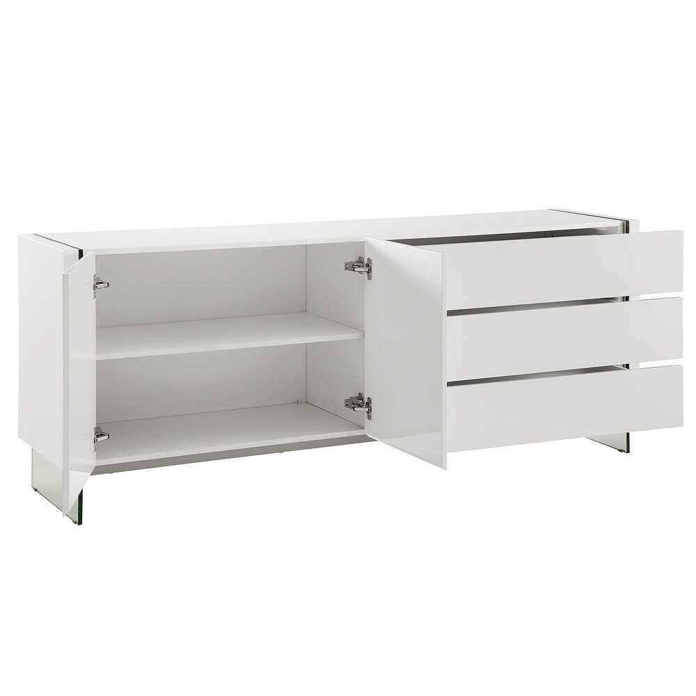 IL VETRO buffet server in high gloss white lacquer with clear glass.