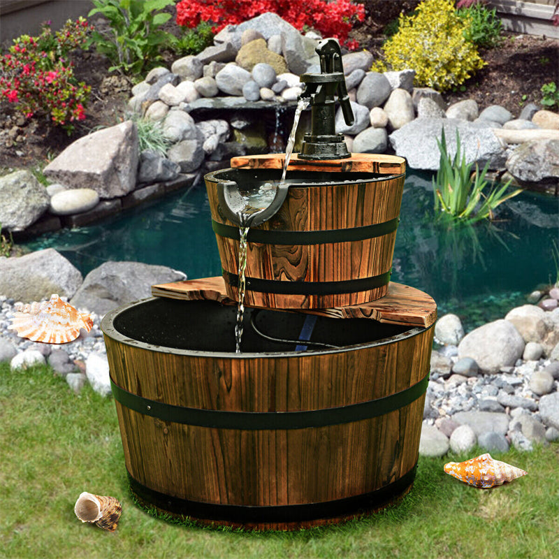 2-Tier Outdoor Barrel Waterfall Fountain with Hand Pump for Garden Backyard