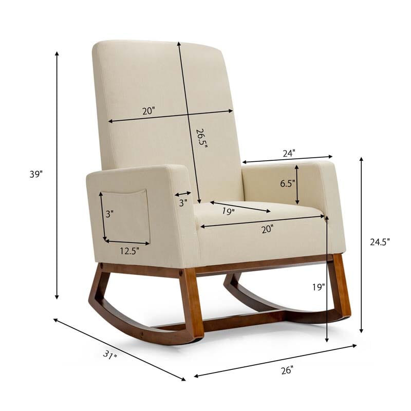 High Back Rocking Chair Upholstered Living Room Chair Nursery Accent Armchair with Wood Base & Side Pocket