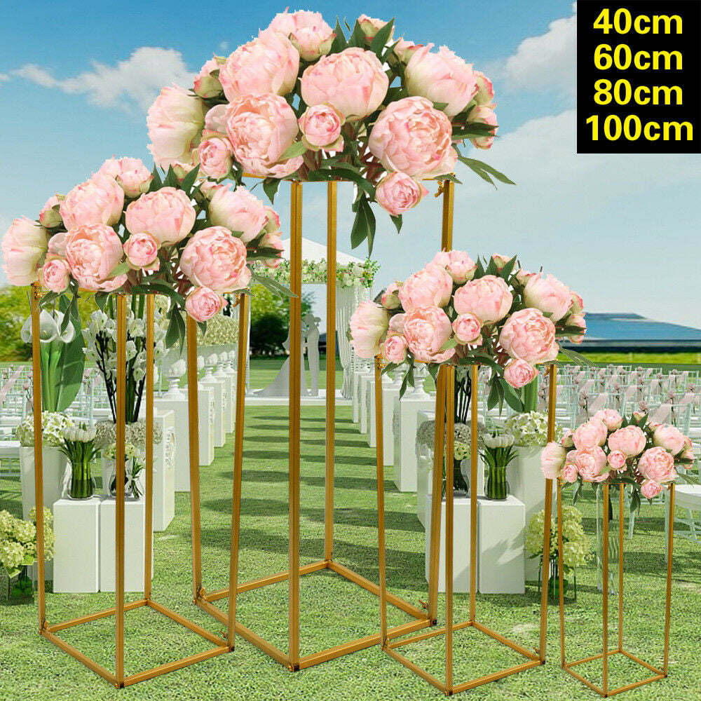 Anqidi Wedding Flower Stand Set, 4Pcs Rectangle Gold Metal Column Rack Wedding Prop Decor Balloon Display Holder (40/60/80/100cm)