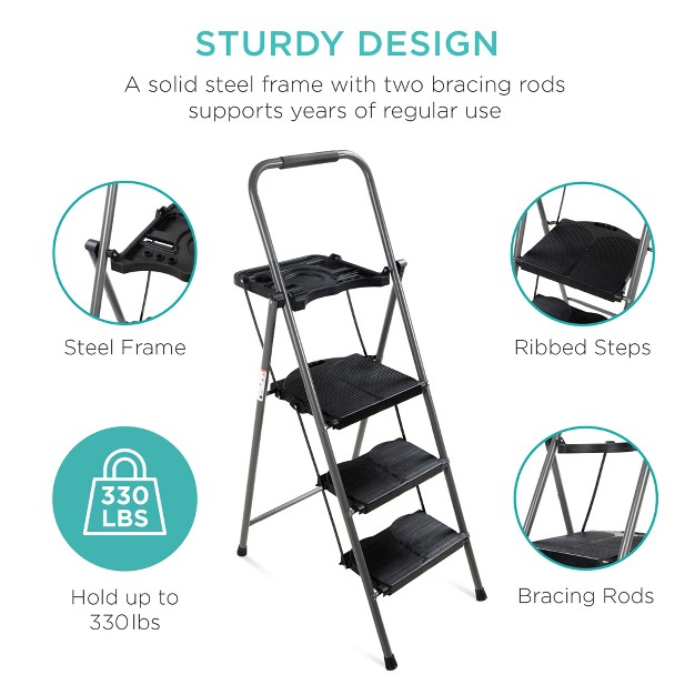 Best Choice Products 3 step Portable Folding Anti slip Steel Ladder W Hand Grip Utility Tray 330lb Capacity