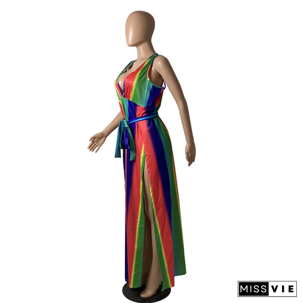 Women Elegant Rainbow Striped Print Sleeveless Summer Sexy Deep V Neck High Slit Maxi Long Dress