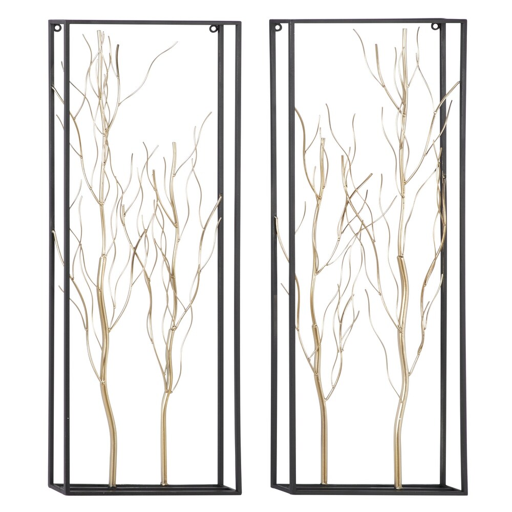 Gold Metal Branch Tree Wall Decor with Black Frame (Set of 2)