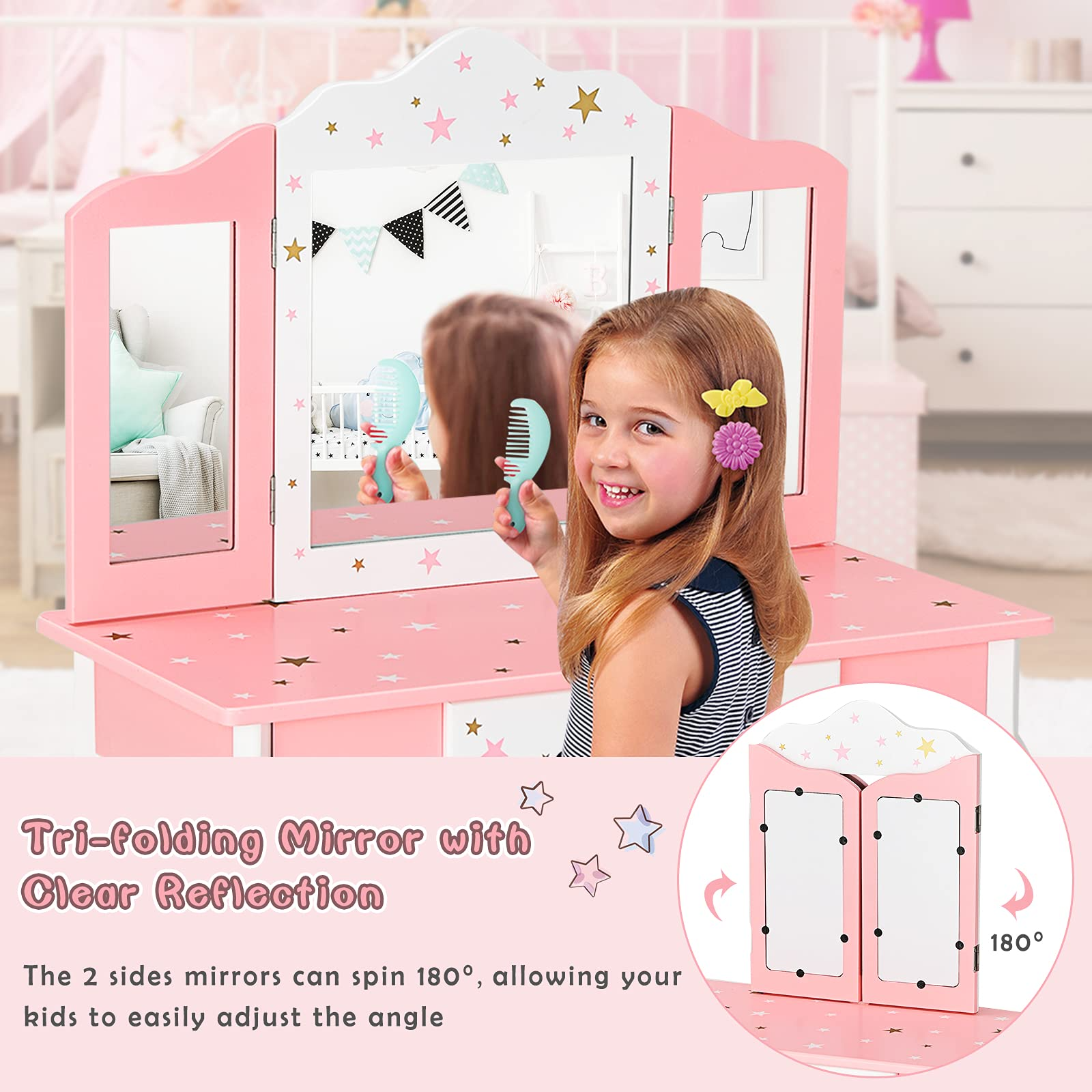 Costzon Kids Vanity Set with Mirror, 2 in 1 Princess Makeup Dressing Table w/Detachable Top