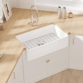 Eridanus Denbigh Crisp White Fireclay 33 in. Single Bowl Farmhouse Apron Kitchen Sink with Bottom Grid and Basket Strainer ERI-FS-105