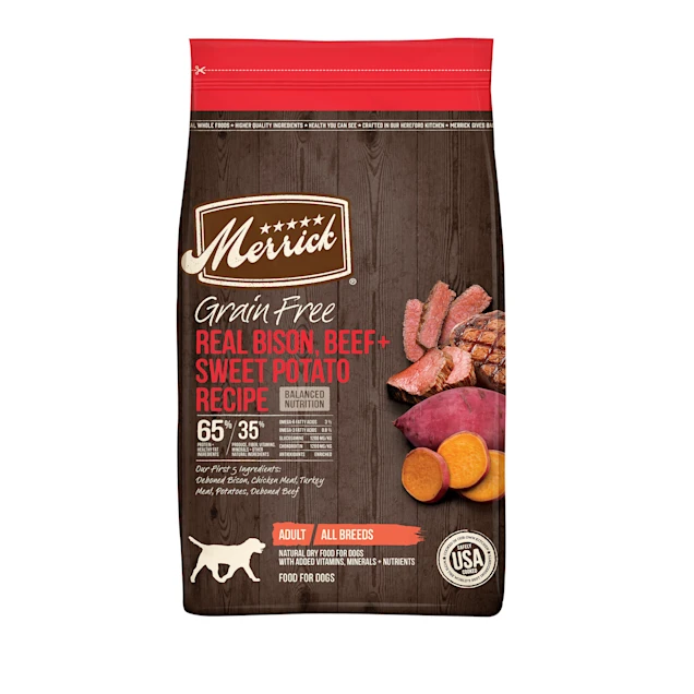 Merrick Grain Free Real Bison， Beef and Sweet Potato Recipe Dry Dog Food， 10 lbs.