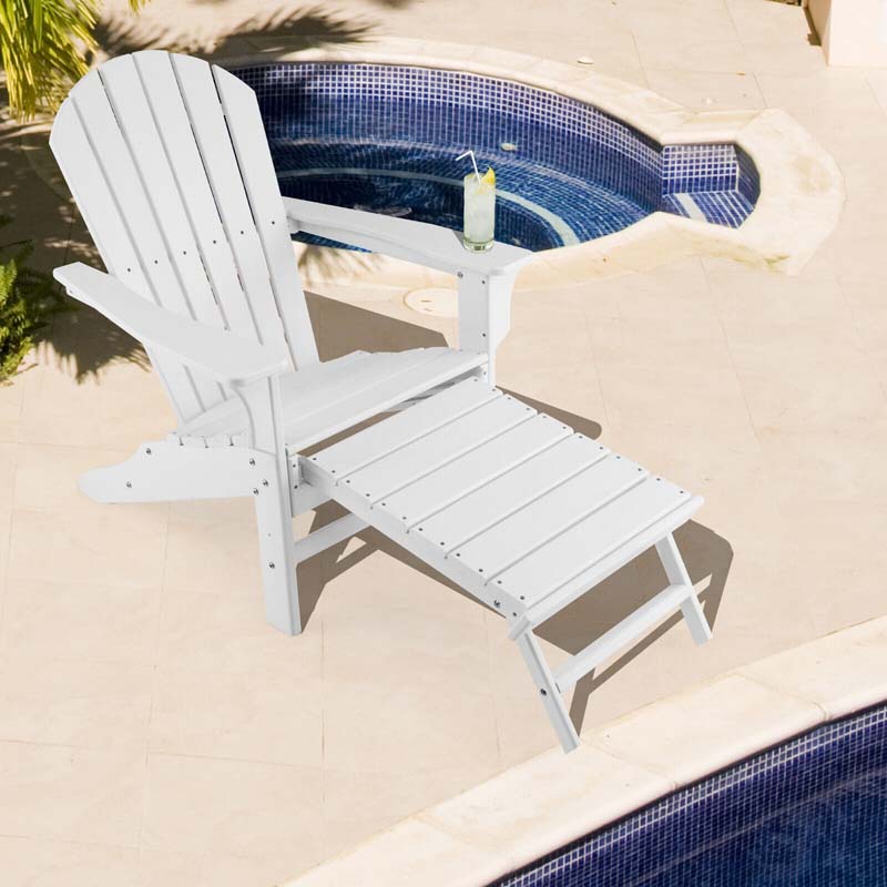 HDPE Adirondack Chair with Retractable Ottoman, Outdoor Chaise Lounge Chair for Lawn Pool Deck