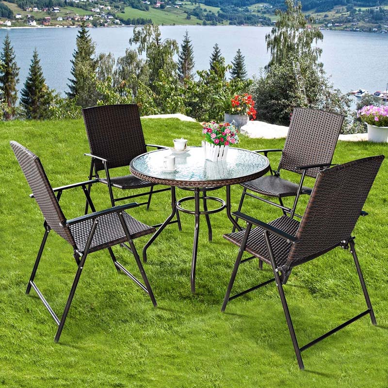 4-Pack Rattan Patio Folding Dining Chairs with Armrest & Footrest, Outdoor Portable Wicker Lounge Chair, Stackable Pool Lawn Chair