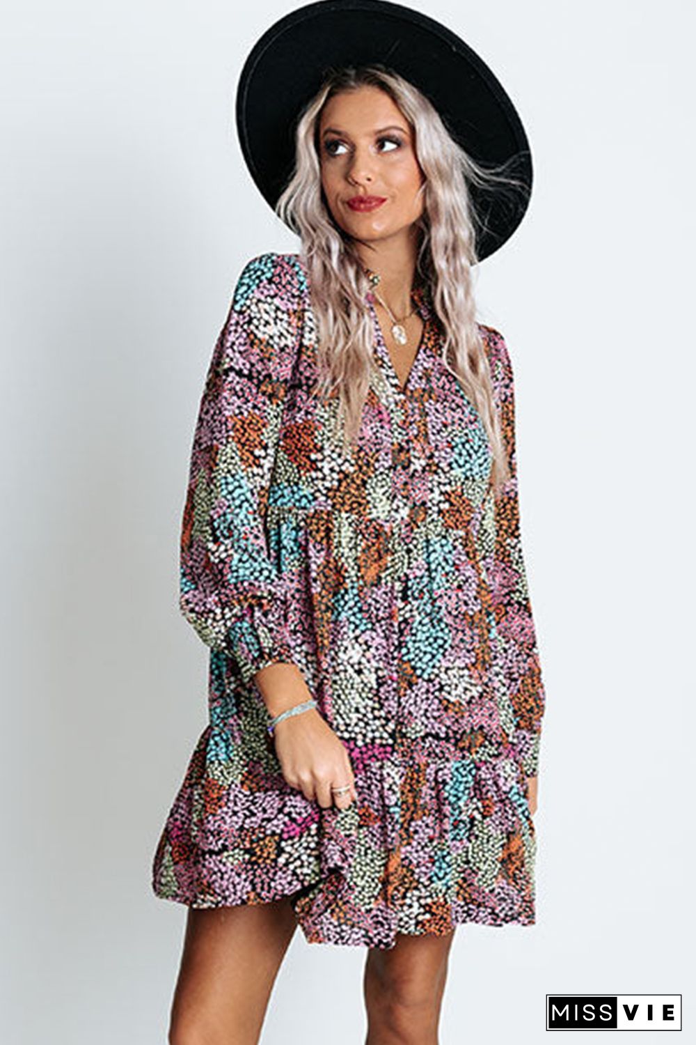 Multicolor Floral Print High Waist V Neck Shirt Dress