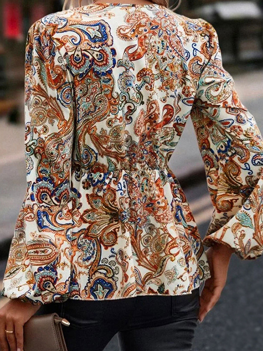 V-neck Casual Loose Vintage Print Long Sleeve Blouse