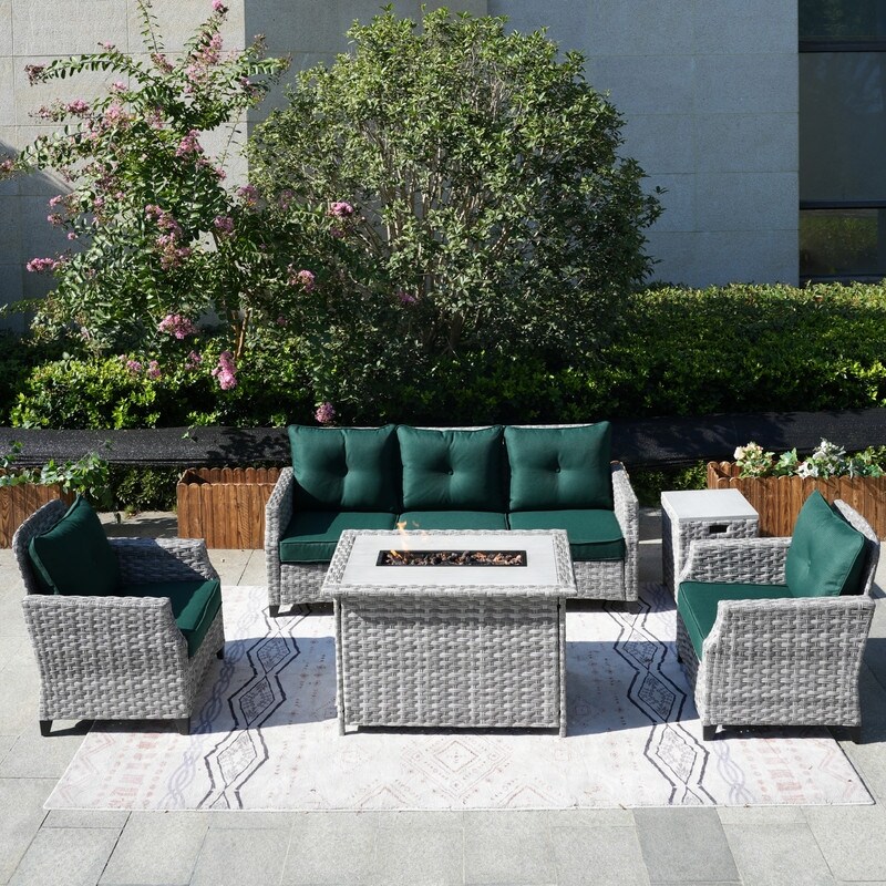 5 Piece Patio Wicker Sofa Set with Firepit Table and Rain cover