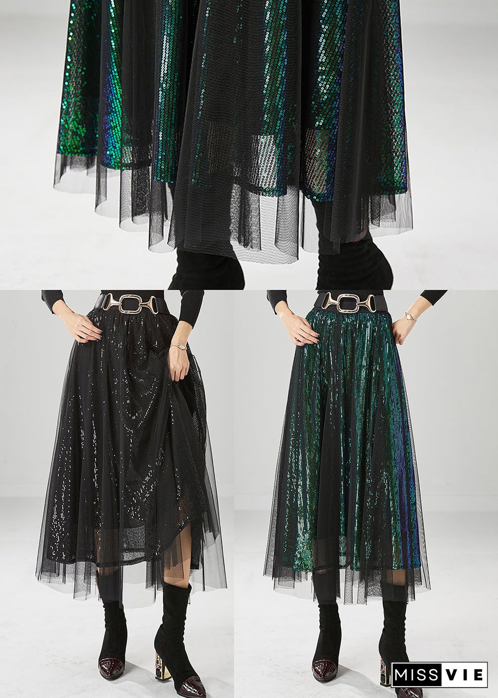 Peacock Green Silm Fit Tulle A Line Skirts Sequins Fall