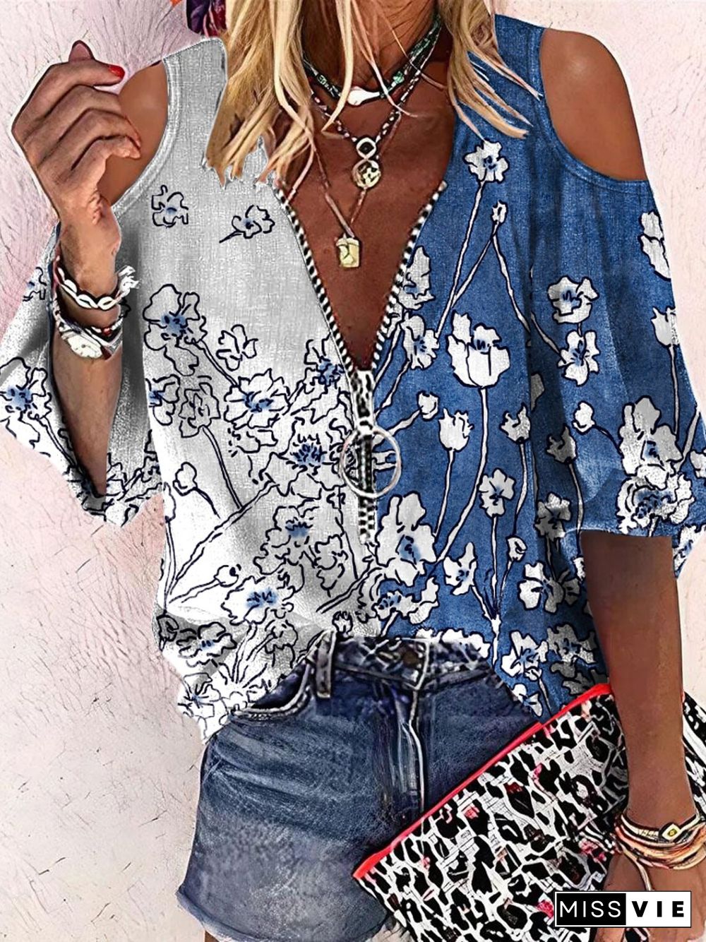 Casual Floral Three Quarter V Neck Plus Size Printed Tops