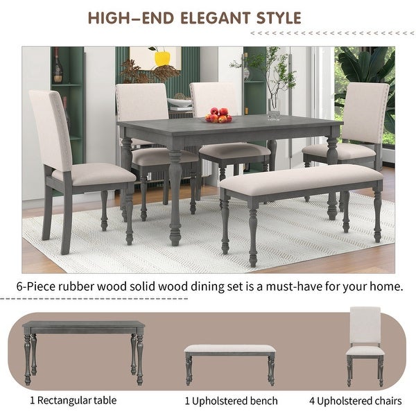 Designed 6-piece dining table set with wooden dining table， 4 upholstered chairs， nail head trim and kitchen dining bench