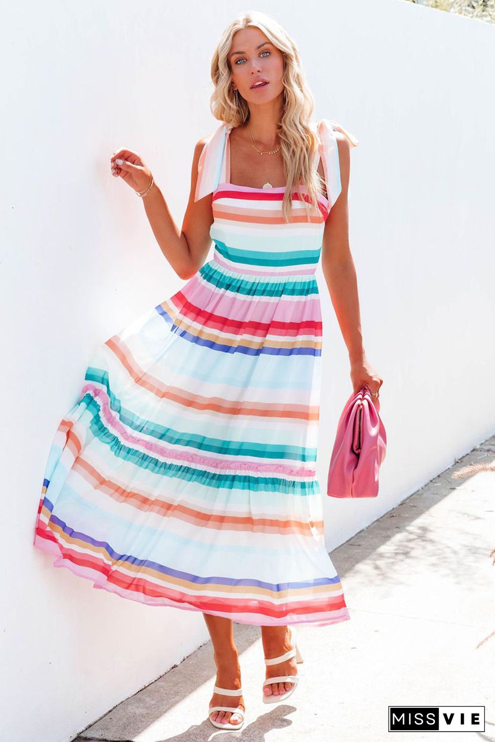 Multicolor Tie Shoulder Strap Striped Midi Dress