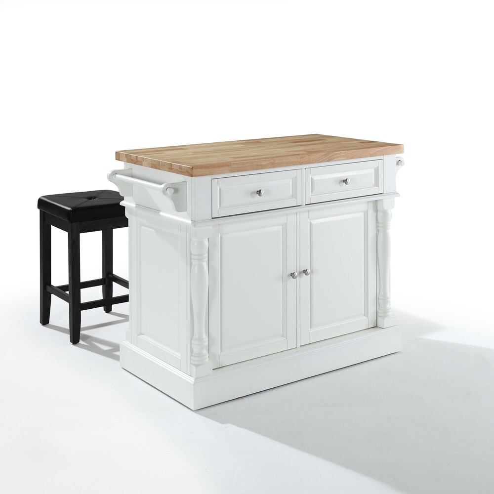 Crosley Oxford White Finish Butcher Block Top Kitchen Island with 2 Stools   23\