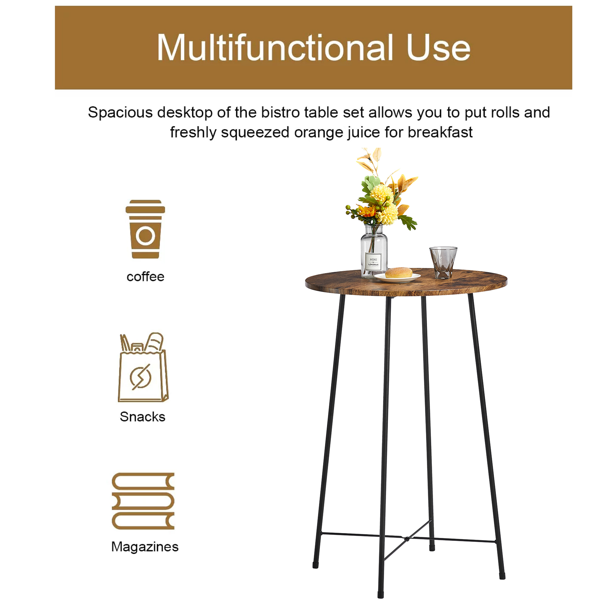 VECELO 3-Piece Bar Table Set with 2 Stools， Space Saving Round Pub Table Set for Breakfast Nook， Bistro， Dining Room， Kitchen， Brown