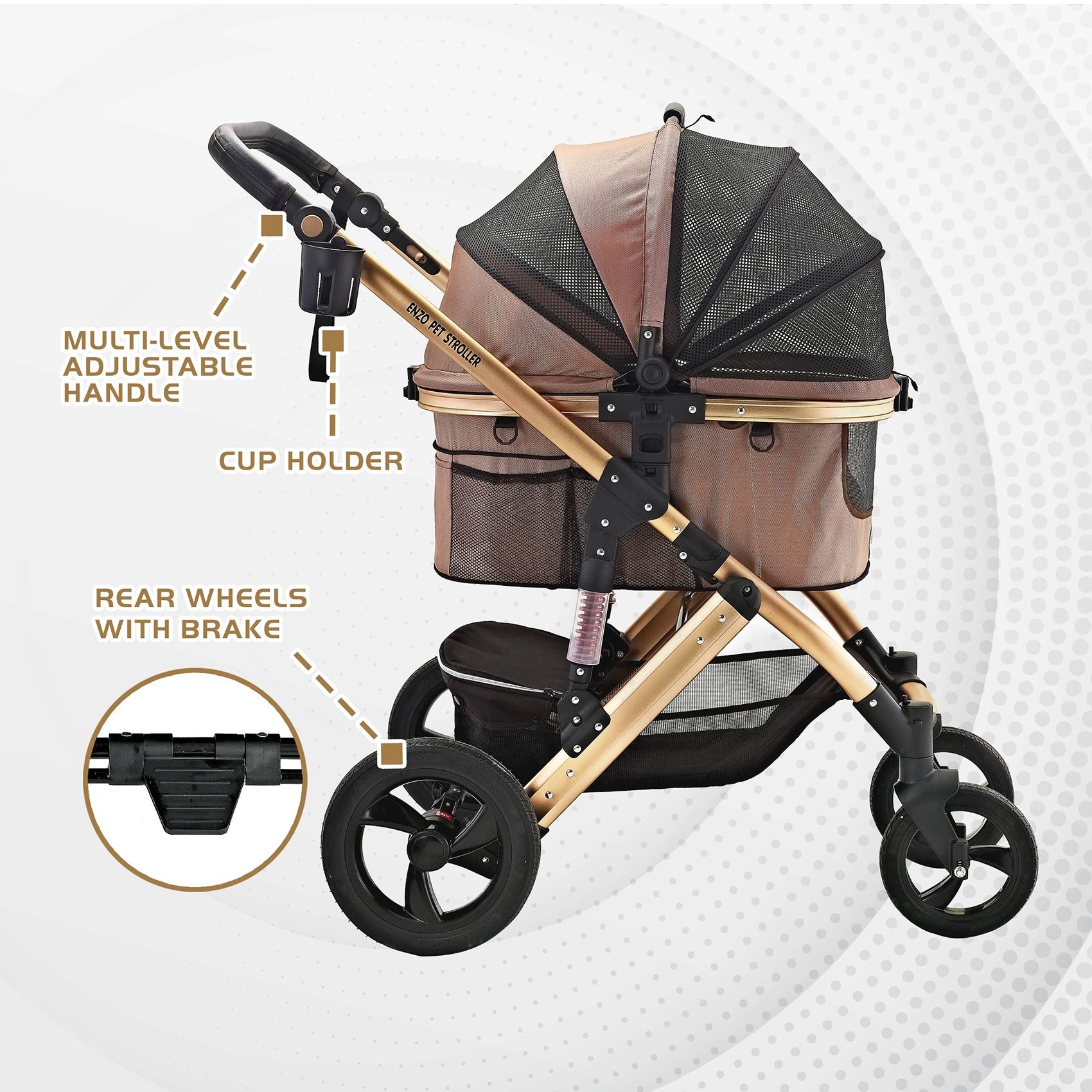 ENZO Pet Stroller Monza Luxury 3-In-1 Stroller， Travel Carrier， Car Seat For Pets (Gold)