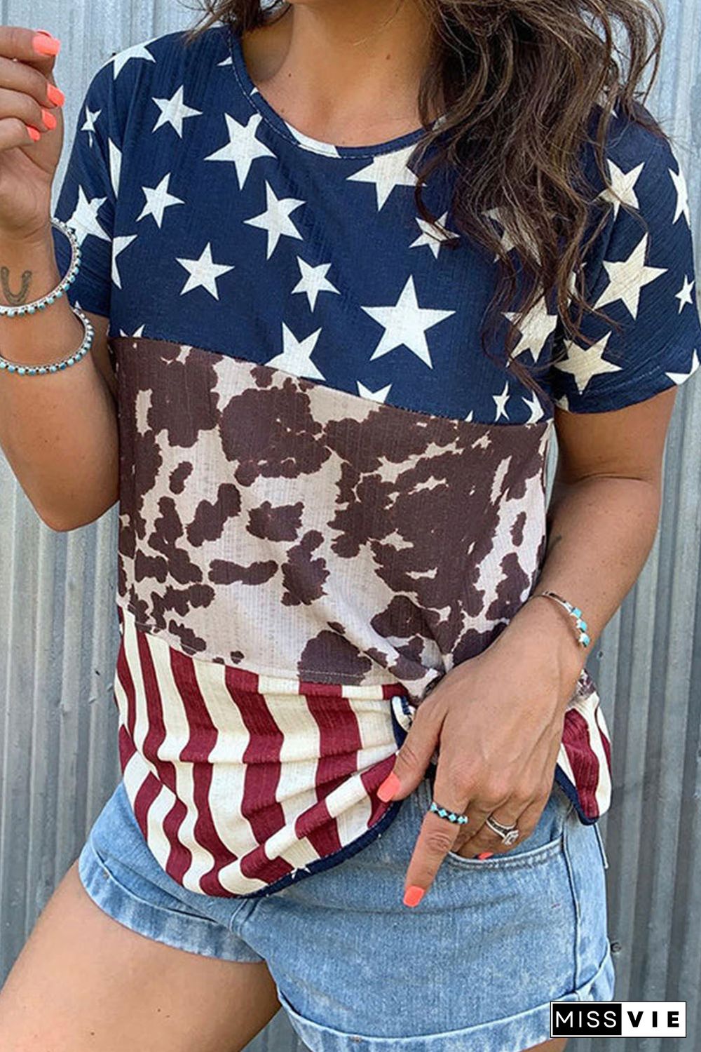 Blue Western Flag Print Patchwork T-shirt