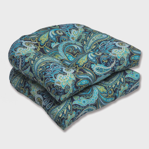 2pc Outdoorwicker Seat Cushion Set Navy turqouise paisley Pillow Perfect